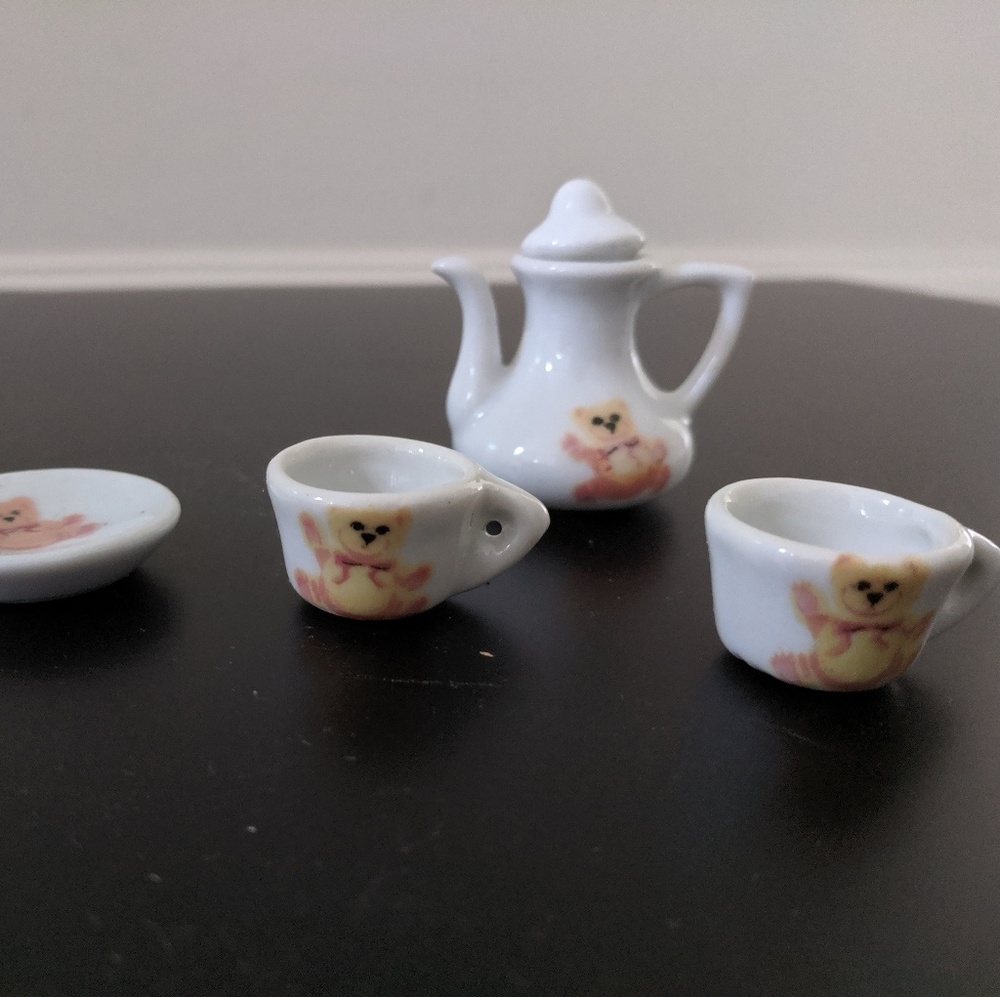NEW Mini 5-piece White Ceramic Teddy Bear Tea Party Set